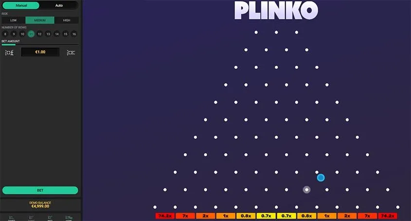 Captura de pantalla del juego Plinko con nivel de riesgo medio, 14 filas, y una apuesta de 1 euro. Una bola azul cae hacia el centro del tablero, donde las casillas muestran multiplicadores que van desde 0.7x hasta 24.3x.