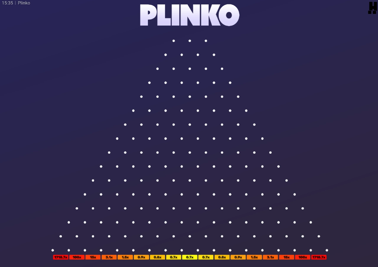 Tablero de Plinko con 16 filas y multiplicadores que van desde 0.7x en el centro hasta 1718.7x en los extremos. No hay bolas cayendo; el tablero está vacío.